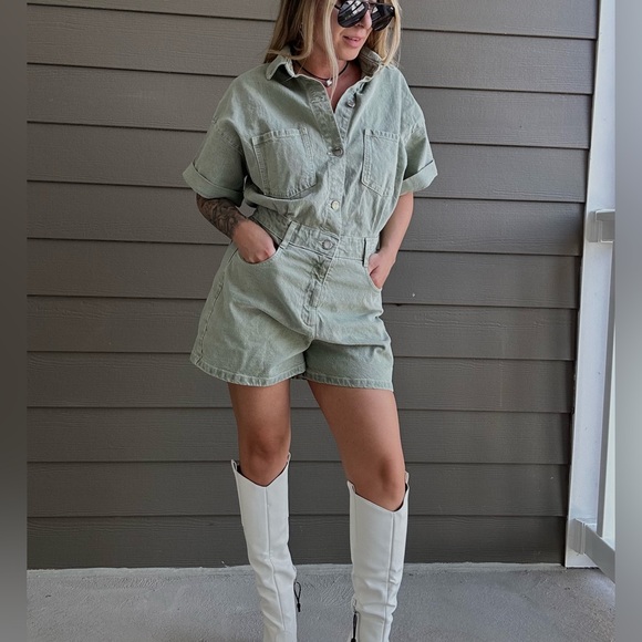 Zara romper jumpsuit denim jeans olive green - Picture 2 of 11